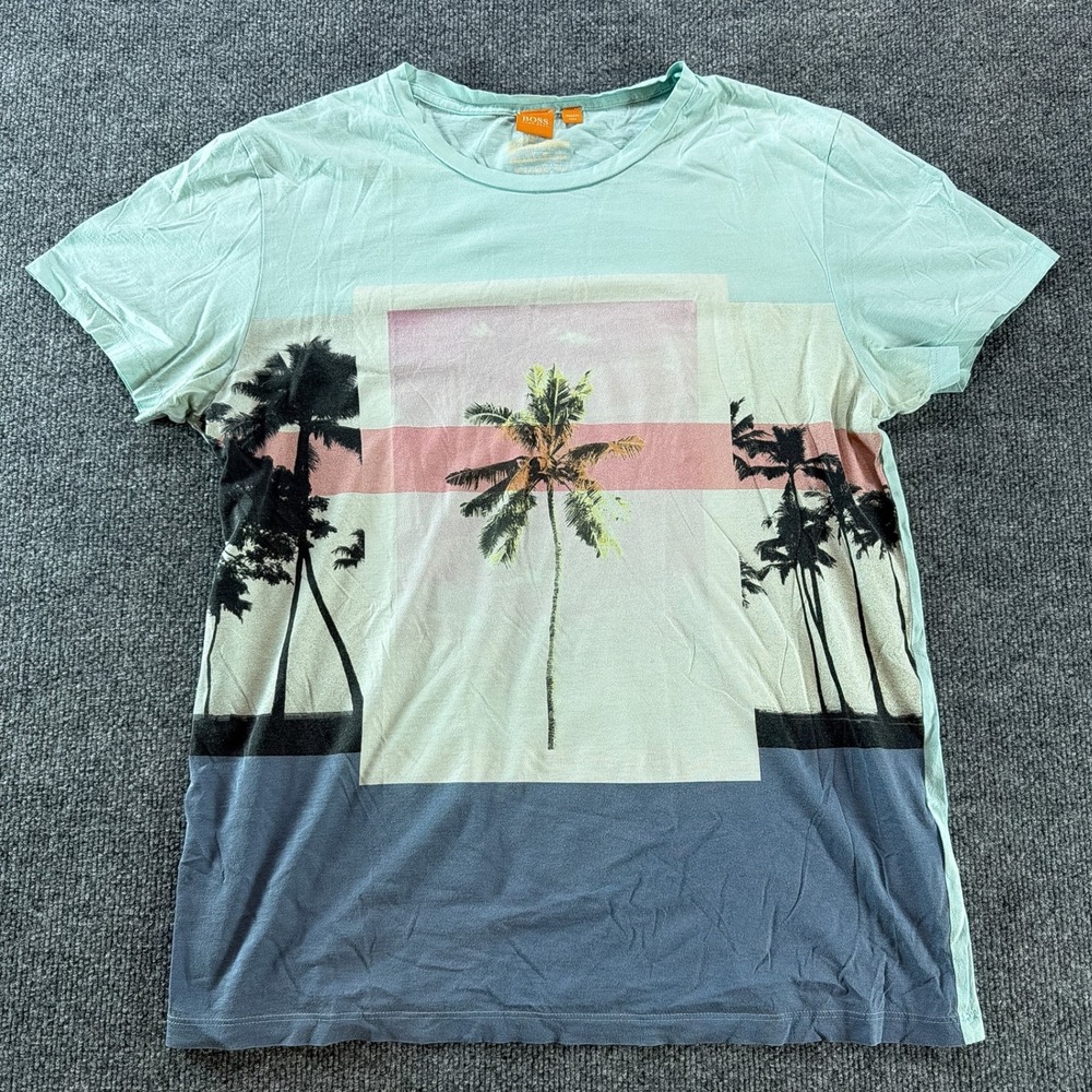 Hugo Boss Orange Mens XL Welcome to Paradise Palm Tree Graphic T-Shirt Teal Blue